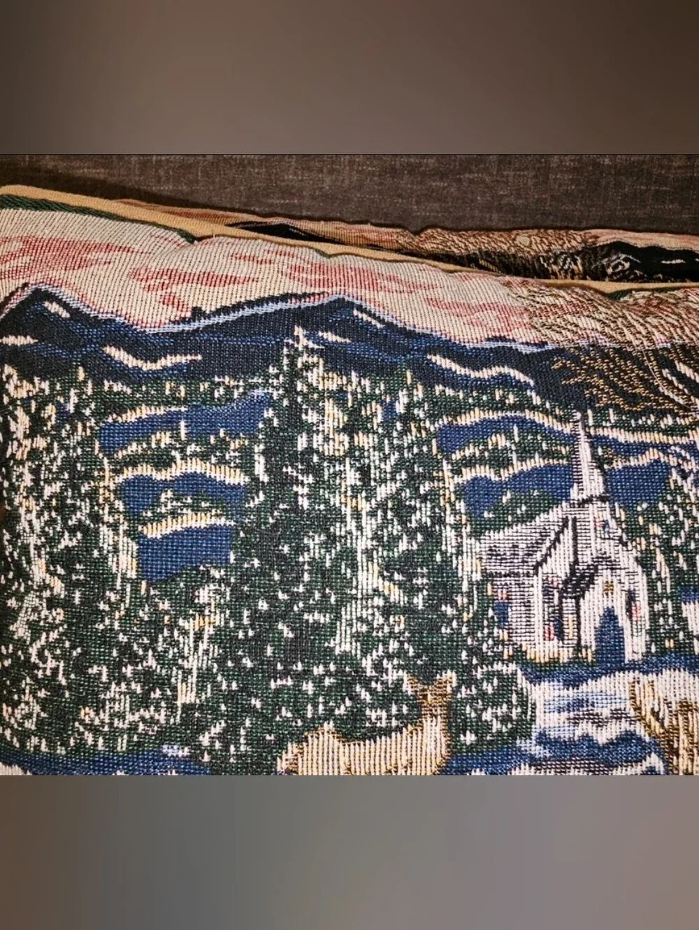 Winter Scene Tapestry Pillow Set of 2 Christmas Deer Church Cardinals Landscape